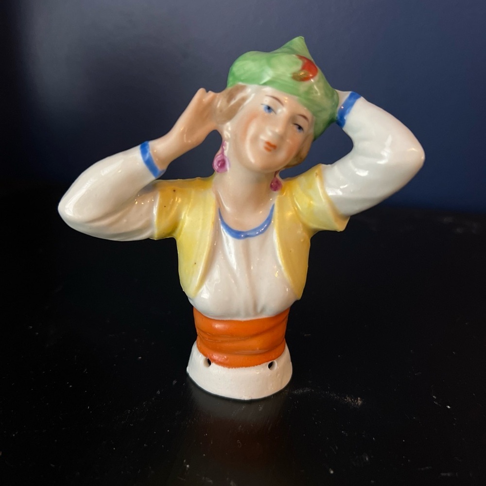 German Porcelain Pin Cushion Half Doll-Red Crescent Moon On Hat